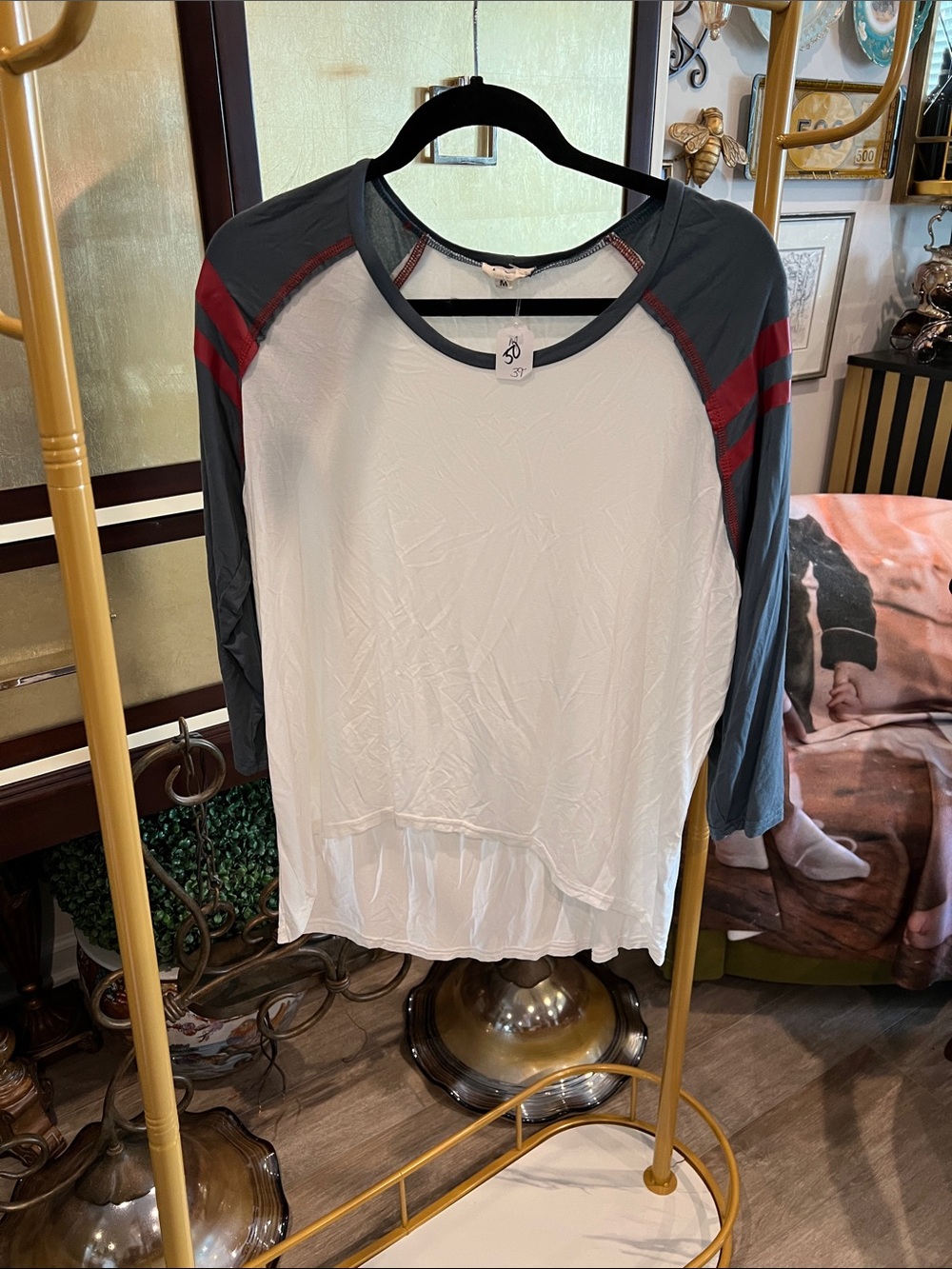 Women’s Raglan Sleeve Baseball Tee - White with Gray & Red Accents